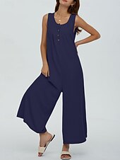 preiswerte lässige Overalls-Damen Normal Jumpsuit Aktiv Feste Farbe Ärmellos U-Ausschnitt Knopf Tasche Urlaub Täglich Regular Fit Schwarz Marineblau Blau Sommer