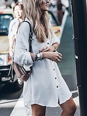 voordelige Overhemden-dames linnen-geïnspireerde overhemden jas comfortabel knopen casual effen kleur dagelijks dragen enkelrijs lange v-hals losse pasvorm lange mouw bovenkleding zwart wit lente
