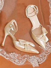 preiswerte Formell-Champagnerfarbene Pumps mit Fesselriemchen und Schleife – elegante Damen-Stilettos mit spitzer Spitze für Hochzeiten und besondere Anlässe