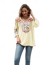 billige Boho topper-Dame Boho skjorte Helfarge Blomstret Bohem Daglig Luksuriøs 3/4 ermer 3/4-ermer Crew-hals Vanlige topper Arbeid Daglig Ut på byen Broderi Svart Gul Rose Rosa Sommer