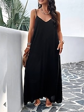 preiswerte Einfaches Kleid-Damen Maxi Kleid Strandkleid Slip Kleid Urlaub Strandurlaub Unifarben Lässig Täglich Lockere Passform Grafik Ärmellos Träger Schwarz Rot Himmelblau Grün Sommer
