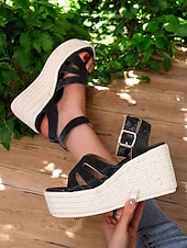 olcso Nyári szandálok-női espadrille platform ékszandál – nyitott orrú bokapántos nyári cipő hétköznapi, strand- és nyaralási viselethez