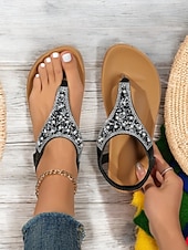 tanie Sandały wakacyjne-damskie sandały w stylu boho z koralikami i paskiem w kształcie litery T – eleganckie, płaskie sandały na lato z ozdobami z kryształków, idealne na plażę i na co dzień