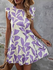 economico Abiti floreali-Per donna Mini abito Vestito a trapezio Abito con balze Festività Informale Giornaliero Per eventi Standard Pop art Manica corta Girocollo Viola Cachi Estate
