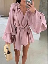 olcso Fehér alkalmi ruhák-Női Mini ruha hétköznapi ruha Tavaszi ruha Elegáns Hétköznapi Napi Normál Tömör szín Hosszú ujj V-alakú Fekete Fehér Arcpír rózsaszín Rubin Ősz