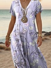 abordables Robe Fleurie-Femmes Robe maxi Robe Décontractée Robe trapèze Élégant Occasionnel Vacances Quotidien Coupe régulière Fleuri Manche Courte Col en V Violet Printemps Automne