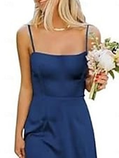 baratos Vestidos para Madrinhas-Linha A Vestido de Madrinha Com Alças Finas Sem Manga Elegante Longo Fibra Sintética com Fenda Frontal 2022