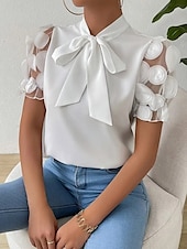 ieftine Topuri din dantelă-Bluză Pentru femei Negru Alb Roșu-aprins Culoare solidă / simplă Dantelă Funde Zilnic Elegant Guler în picioare Fit regulat S