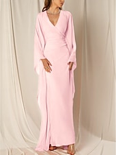 preiswerte ORANGE-Strandhochzeit Etuikleid Abendkleid Elegantes Kleid Formal Herbst Knöchellang Langarm V-Ausschnitt Chiffon mit Raffung Rüschen