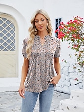 billige Kvinne Enkle Topper-Dame Boho T-skjorte Grafisk عادي Bohem søt stil Stilfull Kortermet Puffermer V-hals Vanlige topper Daglig Ut på byen Helg Trykt mønster Grå og Hvit Svart+Hvit+Grå Svart Lysegrønn Vin Sommer