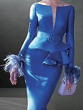 abordables Longueur du thé-Robes de Cocktail Svelte Élégante Robe Formelle Automne Longueur Genoux Manches Longues Col V Ceinture  Ruban Tissu Extensible avec Volants en Plumes Robe de Jour de Course taille sur mesure gratuite