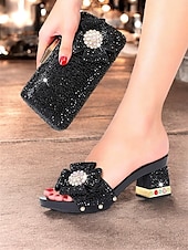 abordables Officiel-sandales à talons hauts avec nœud en strass scintillant et pochette assortie – chaussures glamour pour mariages, fêtes et événements officiels