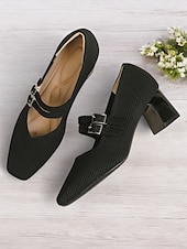 cheap Block Heels-Breathable Fly-knit Mary Jane Pumps with Double Buckle Detail and Chunky Heel, Elegant Style for Women, Ideal for Work, Events and Formal Occasions