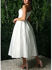 abordables Petites Robes Blanches-Robe blanche de graduation de fiançailles robe de mariage A-Line une épaule sans manches longueur thé en satin robes de mariée avec poche