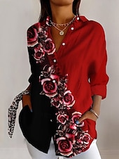 preiswerte Blumenoberteile-Damenhemd Langarm Knopfbluse Blumengrafik Alltag Stilvoll Retro Vintage Hemd Kragen Reguläre Tops Alltag Feiertag Ausgehen Knöpfe Rot Khaki Sommer Frühling