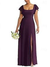 baratos Vestidos para Madrinhas-Linha A Vestido de Madrinha Scoop pescoço Manga Curta Elegante Longo Chiffon / Elastano com Fru-Fru / Pregueado / Fenda Frontal 2022