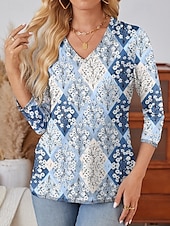 preiswerte Boho-T-Shirt-Damen T Shirt Blumen Brautkleider schlicht Langarm V Ausschnitt Normale Oberteile Täglich Bedruckt Himmelblau Frühling Herbst