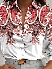 cheap Boho Tops-Women&#039;s Shirt Paisley Casual Long Sleeve Shirt Collar Regular Tops Work Daily Buttons Print Red Blue Orange Spring Fall Winter
