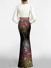 voordelige Roze-Zeemeermin  Trompet Avondjurk Elegante Jurk Formele Bruiloft Vloerlengte Lange Bubbelmouw Plunge Hals Riem  Sjerp Met Ombre Gesequinned Rok