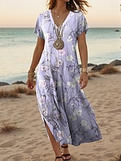 abordables Robe Fleurie-Femmes Robe maxi Robe Décontractée Robe trapèze Élégant Occasionnel Vacances Quotidien Coupe régulière Fleuri Manche Courte Col en V Violet Printemps Automne
