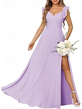 cheap Bridesmaid Dresses-A-Line Bridesmaid Dress Straps Short Sleeve Elegant Floor Length Chiffon with Ruffles / Split Front / Ruching