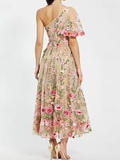 preiswerte Bodenlänge-Blumengesticktes A-Linie Kleid Mutter der Braut Kleid Elegant Vintage Ein-Schulter Knöchellang Tüll Kurzarm mit Blume Hochzeitsgastkleid