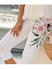 cheap Floral Print-Women&#039;s Leggings Capri Pants High Elasticity Fashion Streetwear Full Length Mid Waist Floral Printing Thermal Warm Breathable Soft  Vacation Casual Daily rice white Summer Spring Regular Fit