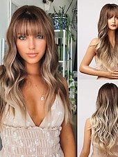 baratos Perucas Sintéticas sem Touca-peruca marrom claro com franja longa ombre perucas onduladas para mulheres brancas, cabelo sintético branco acinzentado resistente ao calor, natural melhores perucas para halloween/natal/cosplay/festa