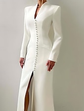 voordelige Vloerlengte-Zeemeermin  Trompet Moeder Van De Bruid Jurk Tuxedo Jurk Elegante Hoge Split V-Hals Vloerlange Satijn Lange Mouwen met Split