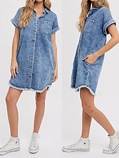 billiga Vit klänning-Dam Mini klänning Denimklänningar Vardagsklänning Sommarklänning Mode Utomhus Helgdag Datum Normal Slät Kortärmad Tröjkrage Blå Sommar Vår