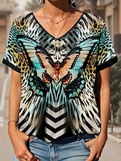 ieftine tricou boho-Pentru femei Tricou Fluture Casual Manșon scurt În V Topuri obișnuite Zilnic Sfârșit de săptămână Imprimeu Albastru piscină Vară Primăvară