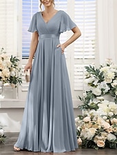 baratos Vestidos para Madrinhas-Linha A Vestido de Madrinha Decote V Manga Curta Elegante Longo Chiffon com Franzido 2022