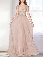baratos Comprimento do chão-Linha A Vestido Para Mãe dos Noivos Elegante Simples Minimalista Decote V Longo Renda Tule Sem Manga com Apliques 2025