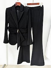 baratos Terninhos de calça da mamãe-Conjuntos de Calça em Dois Peças Mãe da Noiva Elegante Minimalista Gola de Camisa Comprimento Total Tecido Stretch Manga Longa com Ruffles Cor Sólida 2025
