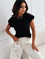 cheap T-shirts-Blouse Women&#039;s Black Yellow Light Green Solid / Plain Color Knitting Daily Elegant Round Neck Regular Fit S