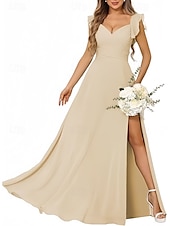 cheap Bridesmaid Dresses-A-Line Bridesmaid Dress Straps Short Sleeve Elegant Floor Length Chiffon with Ruffles / Split Front / Ruching