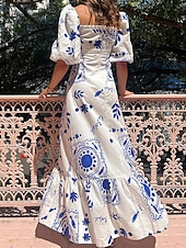 tanie Sukienki boho-Damskie Długa sukienka sukienka maxi Codzienne sukienki Letnie sukienki Sukienka Boho Moda Latarnia rękawem Na zewnątrz Święto Randka Regularny Geometryczny Krótki rękaw Z odsłoniętymi ramionami