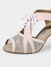 economico Scarpe per balli latini-scarpe da ballo nude con lacci e ritagli in rete – punta aperta, tacco medio per donna – perfette per lezioni di danza e spettacoli