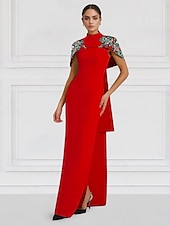 abordables Robes de Soirée-Robe de soirée colonne brodée verte rouge jaune robe élégante formelle invité de mariage longueur sol sans manches col rond capes crêpe extensible avec paillettes 2025