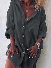 economico disegnare abiti in cotone e lino-Abito mini da donna Abito camicia Abito casual Di base Casual Vacanza Quotidiano Vestibilità regolare Lino semplice Maniche lunghe Colletto Nero Verde chiaro Rosa Blu Estate