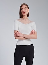 economico camicie, top e camicette-top in maglia a coste trasparente in chiffon