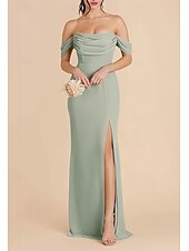 abordables Robes de demoiselle d&#039;honneur-Sirène / Trompette Robe de Demoiselle d&#039;Honneur  Épaules Dénudées Manche Courte Élégant Longueur au sol Chiffon Extensible avec Devant Fendu / Fronces 2022