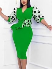 olcso Kentucky ruha-Kentucky Derby Női Midi Ruha Testhezálló Elegáns Formális Parti Esküvői Vendég Eljegyzés Normál Fazon Grafikai 3/4-es Ujjú V Nyak Fekete Sárga Piros Kék Nyár