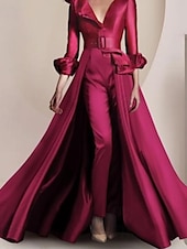 cheap Mom&#039;s Jumpsuits-Two Piece Jumpsuit / Pantsuit Mother of the Bride  Formal Wedding Guest Elegant Party V Neck Ankle Length Satin 3/4 Length Sleeve with Feather Sash / Ribbon 2025 free custom size
