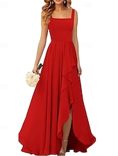 baratos Vestidos para Madrinhas-Linha A Vestido de Madrinha Correias / Decote Quadrado Sem Manga Elegante Longo Chiffon / Elastano com Pregas / Fru-Fru / Pregueado 2022