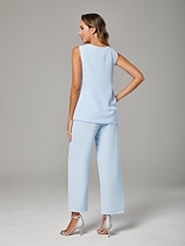 voordelige Broekpakken van mama-Jumpsuit  Pantsuit Moeder van de Bruid  Bruiloft Gast Elegante Plus Size Bateau Hals Vloerlengte Chiffon Mouwloos Wrap Inclusief met Effen Kleur 2025