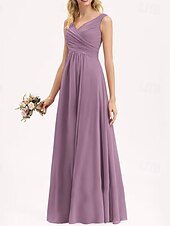 baratos Vestidos para Madrinhas-Linha A Vestido de Madrinha Decote V Sem Manga Elegante Longo Chiffon / Elastano com Pregas / Pregueado / Franzido 2022