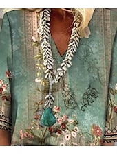 billige Kvinne Boho Topper-Dame skjorte knappebluse blomster daglig grunnleggende 3/4 lengde erme V-hals vanlig topper daglige trykk grønn sommer vår