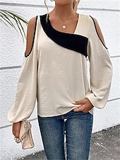 preiswerte Damen Einfache Oberteile-Damen Hemd Bluse Farbblock Elegant Täglich Stilvoll Langarm Laternenärmel U-Ausschnitt Normale Oberteile Arbeit Täglich Festtage Patchwork Wein Blau Beige Frühling Herbst