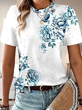 ieftine tricou floral-Pentru femei Tricou Trandafir Floral Grafic Elegant Epocă Modă Manșon scurt Rotund Topuri obișnuite Zilnic Ieșire Sfârșit de săptămână Imprimeu Albastru piscină Vară